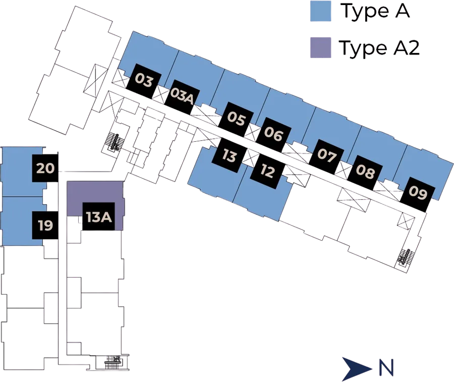 Key plan showing where the Type A unit sits on the floor