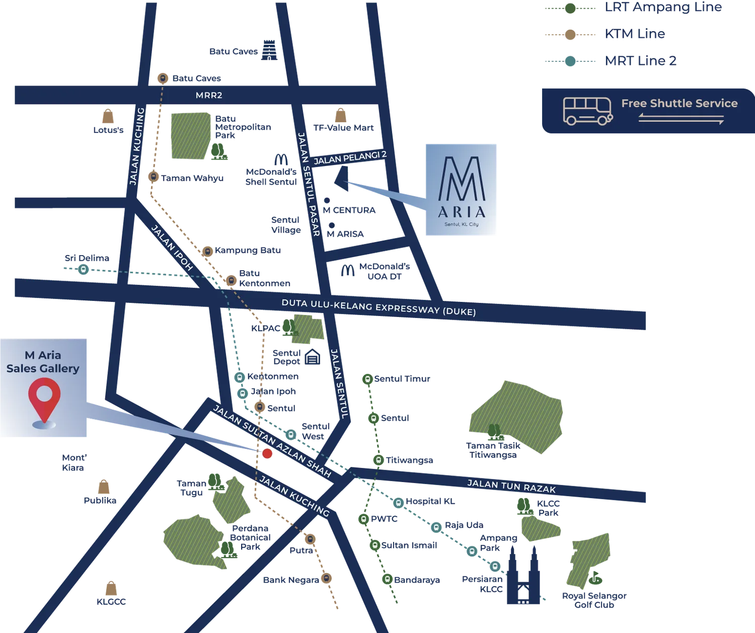 Illustrated map of Sentul showing M Aria and the surrounding highways, transport, schools, malls and hospitals