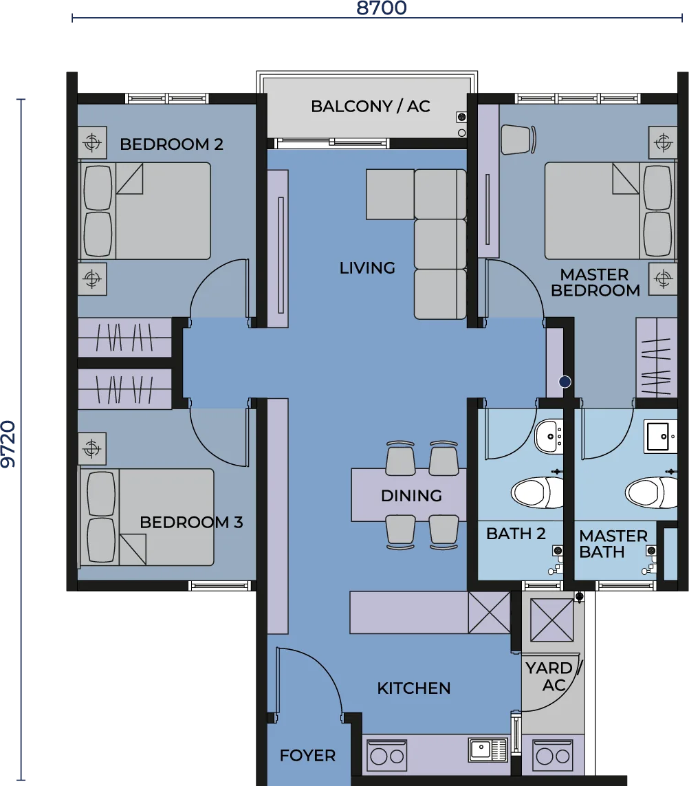 Type A floor plan, 800 sq ft, 3 bedrooms